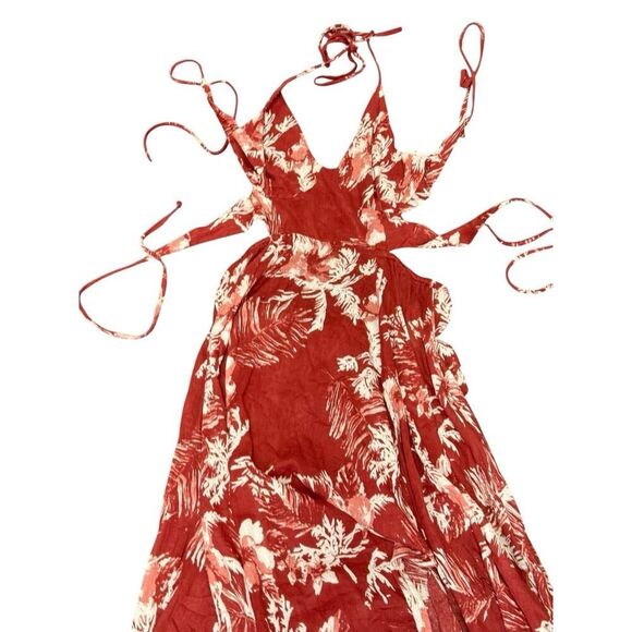 Free People Lille Halter Maxi Dress Raspberry Red Floral Cutout Sz S Cotton - Picture 8 of 15
